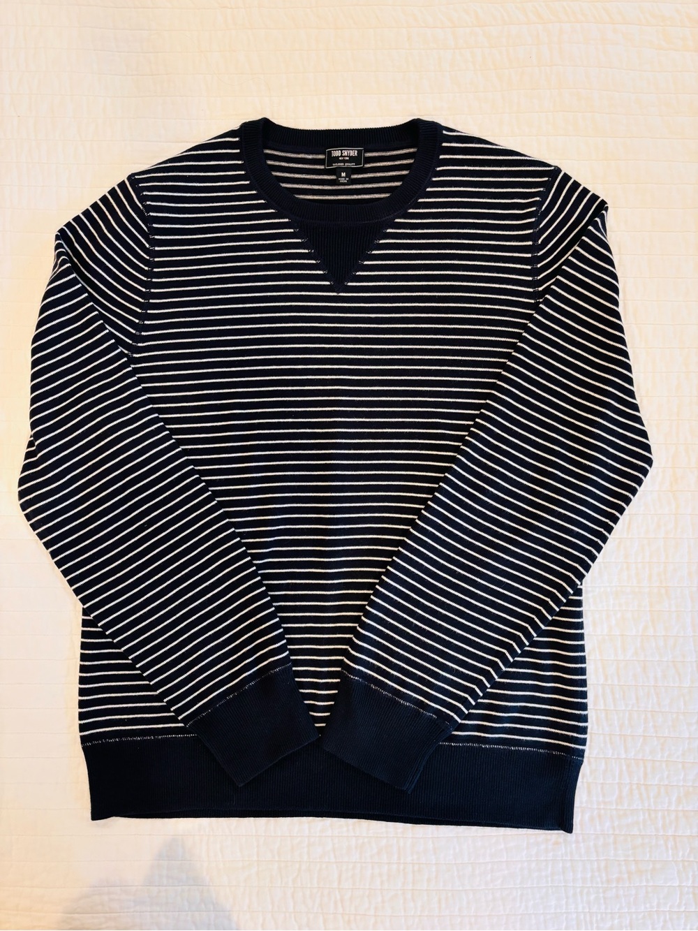 Todd Snyder Cotton-Cashmere Navy & White Striped Crewneck Sweater - Picture 2 of 12